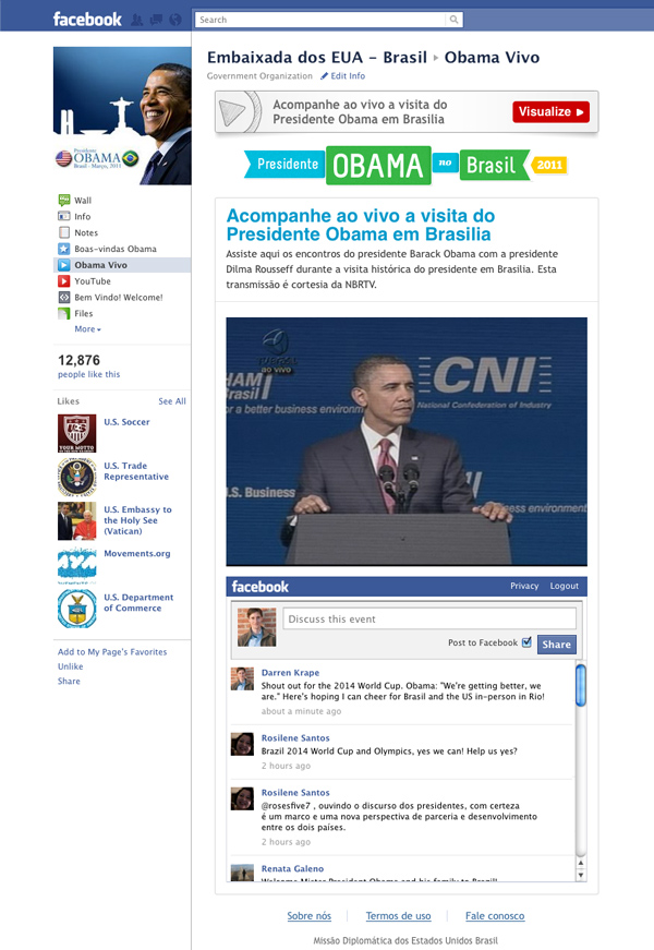 The welcome campaign Facebook application showing the live video feed of a press conference.