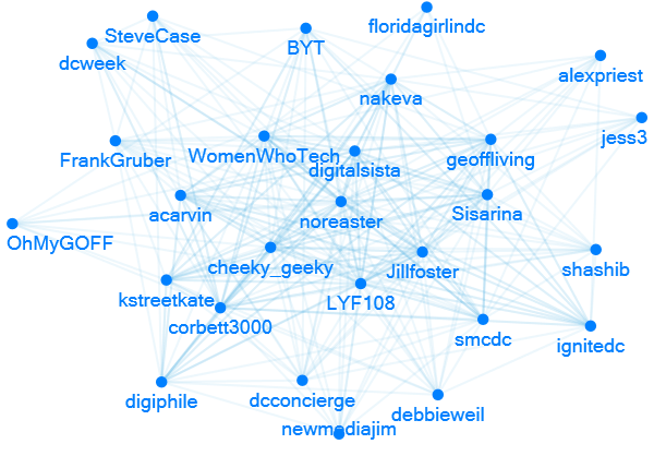 Network of the top forty DC Twitter technorati. Each line represents a single follower-followed relationship. It is interesting to see which accounts are more central within this small network and which are more peripheral.